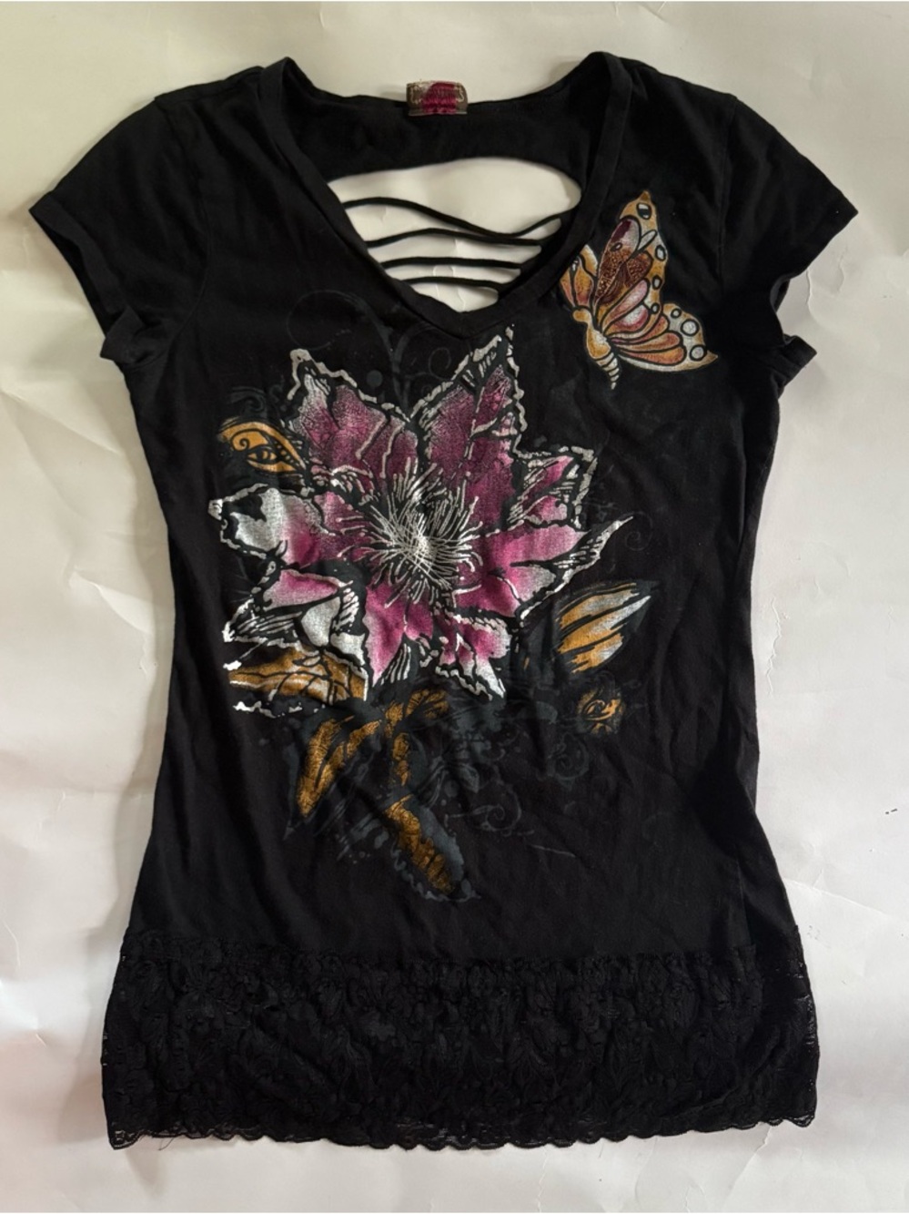 Y2K Vtg Black Short-Sleeve Butterfly Graphic Lace-Trim Top
